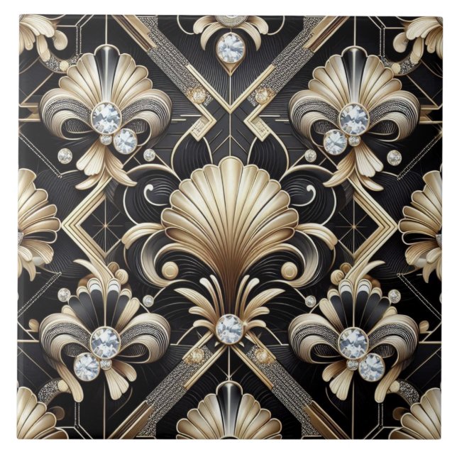 Carreau Luxury Black & Gold Art Deco Ceramic Tile  (Devant)