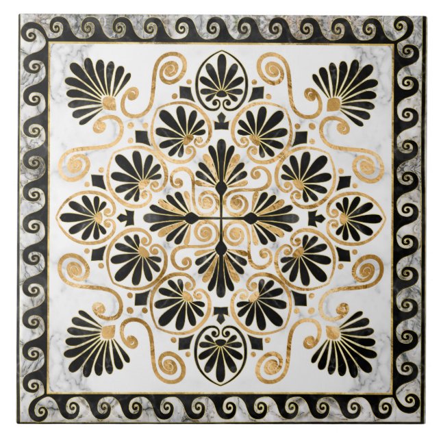 Carreau Luxury Greek Ornament Black and White Marble (Devant)