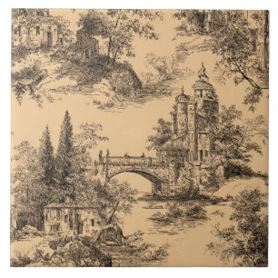 Carreau Luxury Vintage Toile Jouy Black Ink Beige French