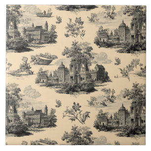 Carreau Luxury Vintage Toile Jouy Black Ink Beige French