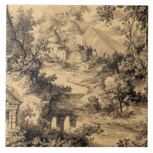 Carreau Luxury Vintage Toile Jouy Black Ink Beige French