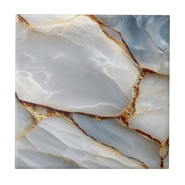 Carreau Luxury White Blue Marble & Gold Veins Agate Stone  (Devant)