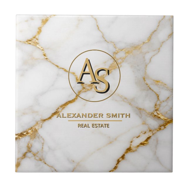 Carreau Luxury White Marble Gold Monogram Real Estate  (Devant)