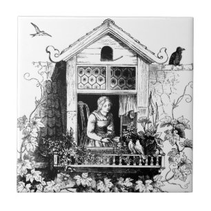 Carreau Madame dans la fenêtre, les oiseaux et la vigne
