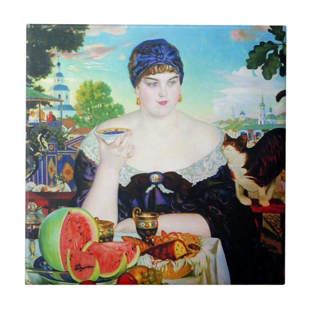 Carreau Madame Drinking Tea avec la tuile de chat (Devant)