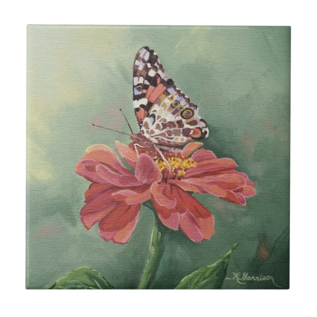 Carreau Madame peinte par 0461 Butterfly sur le Zinnia (Devant)