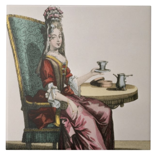 Carreau Madame Taking Coffee, plat de mode, c.1695 (Devant)