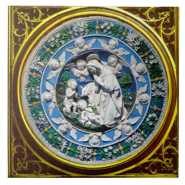 CARREAU MADONNA AVEC ENFANT ET ANGES COURONNE FLORALE (Devant)