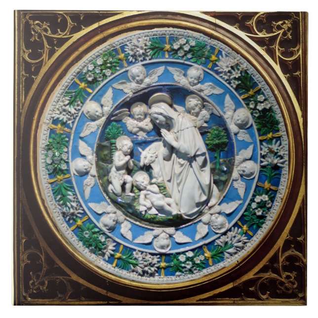 CARREAU MADONNA AVEC ENFANT ET ANGES COURONNE FLORALE (Devant)