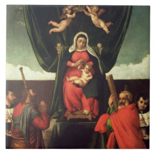Carreau Madonna et enfant couronnés avec quatre saints,