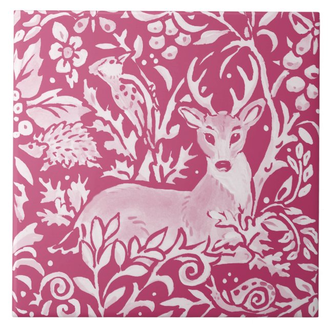 Carreau Magenta Deer Hérisson Oiseau Nature Forêt Floral (Devant)