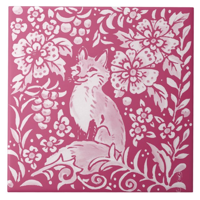 Carreau Magenta Fox Animal Nature Forêt Floral (Devant)