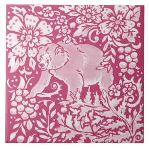 Carreau Magenta Ours Animal Nature Bois Floral