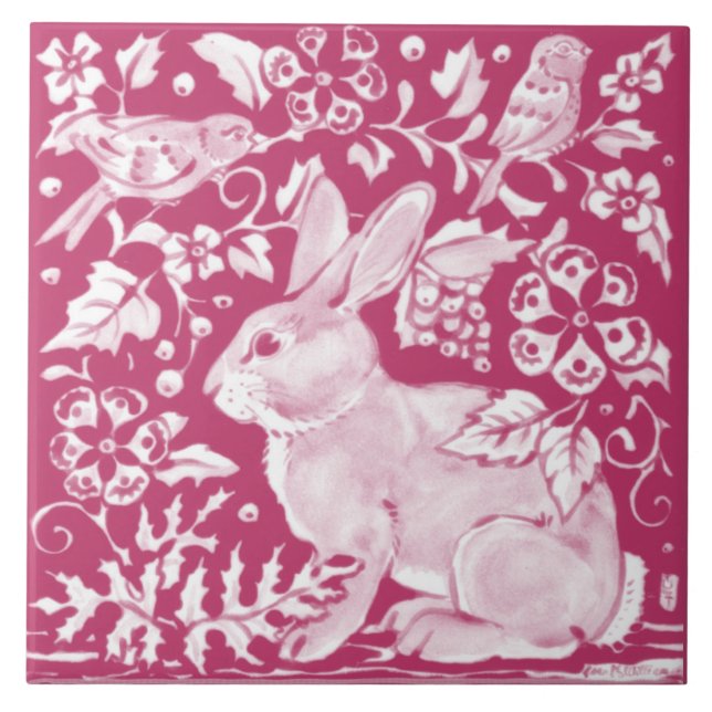 Carreau Magenta Rabbit Oiseau Nature Forêt Floral Joli (Devant)