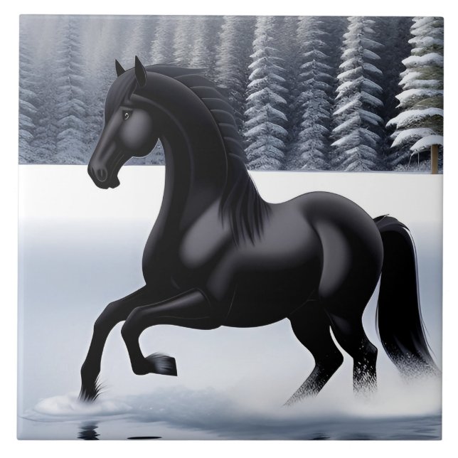 Carreau Magnifique cheval noir cabré sur une surface ennei (Devant)