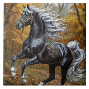 Carreau Magnifique cheval noir dans une forêt automnale