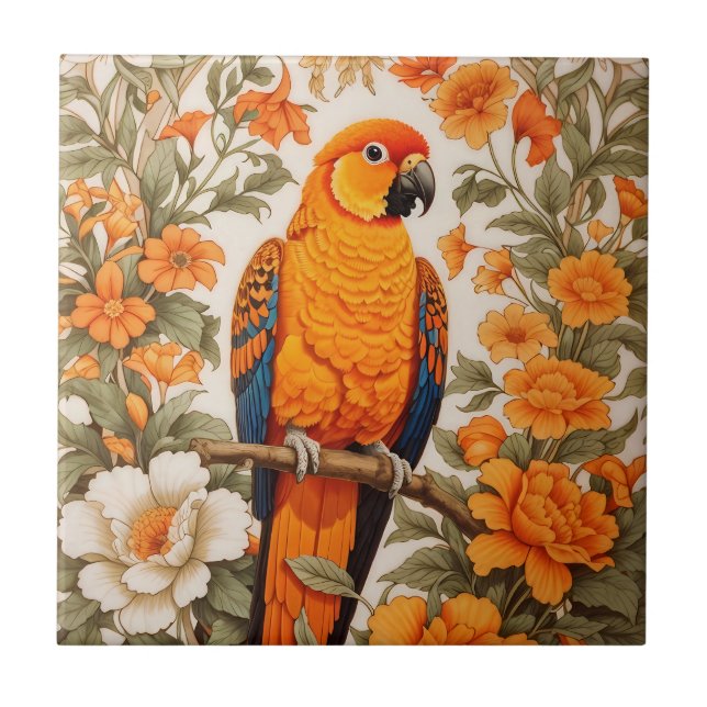 Carreau Magnifique Conure Soleil Inspiré de William Morris (Devant)