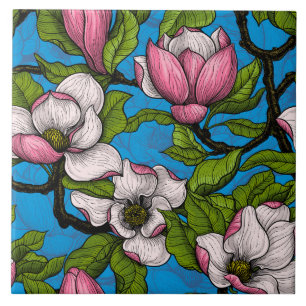 Carreau Magnolia en fleurs sur fond bleu