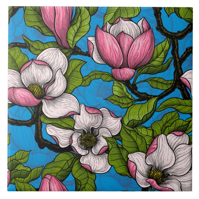 Carreau Magnolia en fleurs sur fond bleu (Devant)