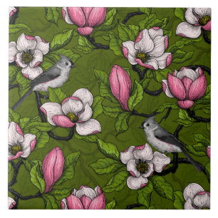 Carreau Magnolia en floraison et oiseau de tireur 2