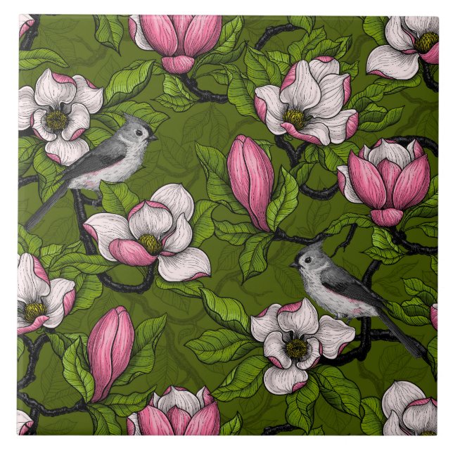 Carreau Magnolia en floraison et oiseau de tireur 2 (Devant)