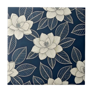 Carreau Magnolia Floral Moderne en Ivoire Bleu de Minuit