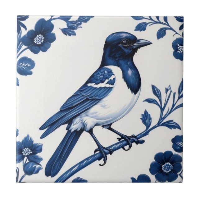 Carreau Magpie comme Oiseau Delft Bleu et Blanc Floral (Devant)