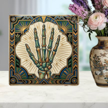 Main de squelette Art déco verte et dorée à motif