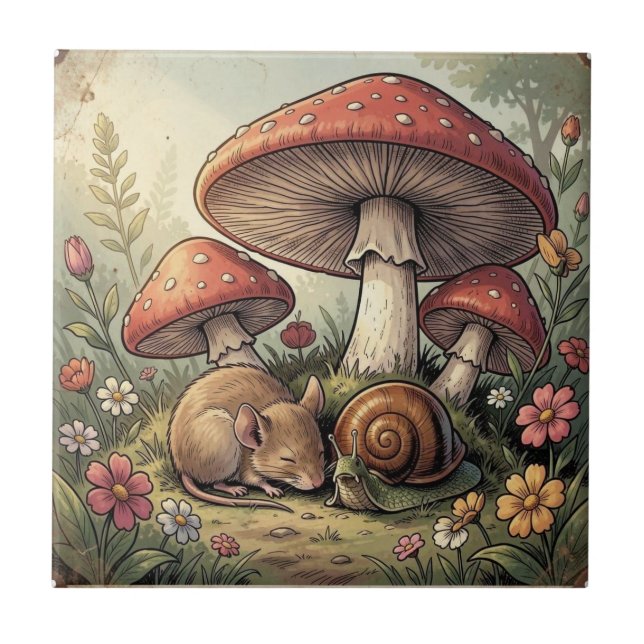 Carreau Maison de Campagne Rétro Champignons et Faune (Devant)