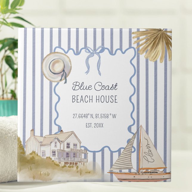 Carreau Maison de plage bleu chic côtier rayures bleues (In situ)