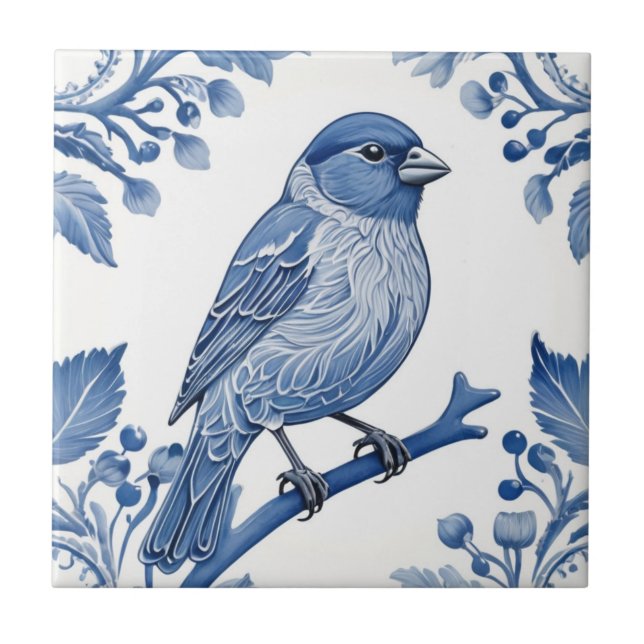 Carreau Maison Finch Delft Bleu et blanc Oiseau floral (Devant)