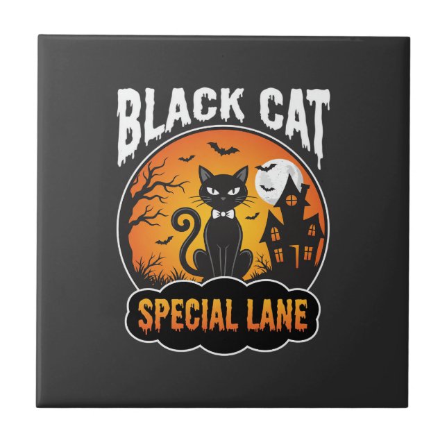 Carreau Maison Hantée Chat Noir Halloween Design Lune (Devant)