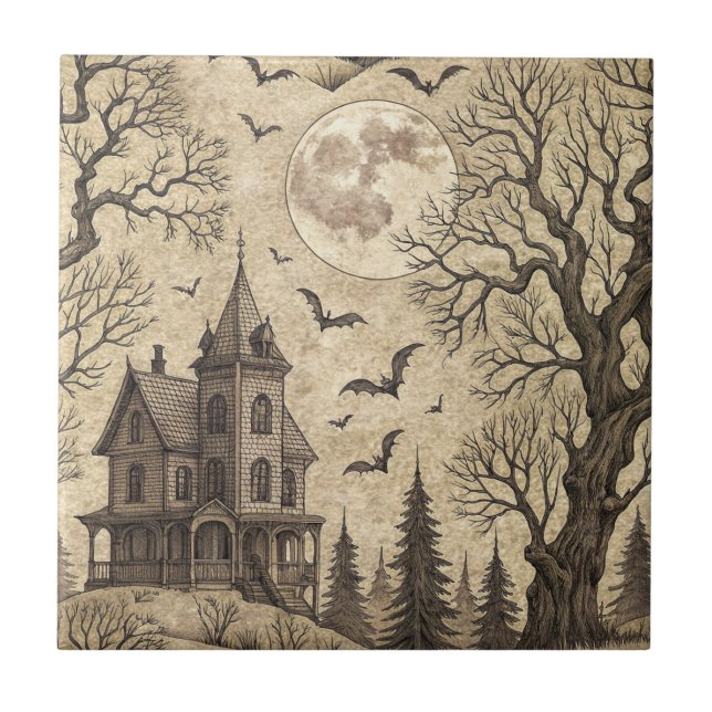 Carreau Maison hantée vintage & pleine lune (Devant)