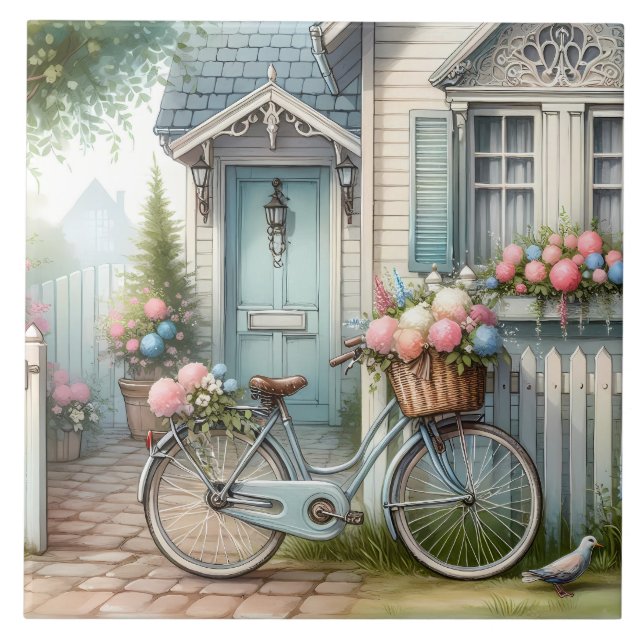 Carreau Maisonnette Bleue avec Vélo et Panier de Fleurs Pr (Devant)
