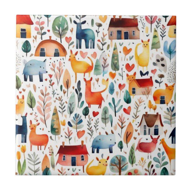 Carreau Maisons rouges et feuille de papier mignon (Devant)