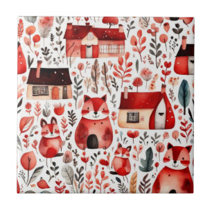 Carreau Maisons rouges et feuille de papier mignon