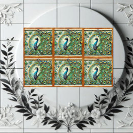 Carreau Majestueux Paon Bleu Vert Motif de Plumes Dorées