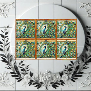 Carreau Majestueux Paon Bleu Vert Motif de Plumes Dorées