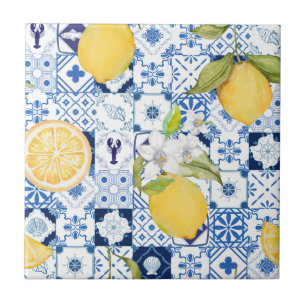 Carreau Majolique bleue méditerranéenne et citron
