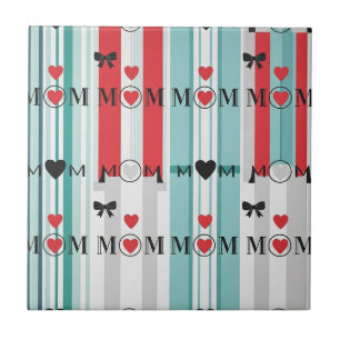 Carreau Maman Rétro Joyeuse avec Cœurs & Rayures Turquoise