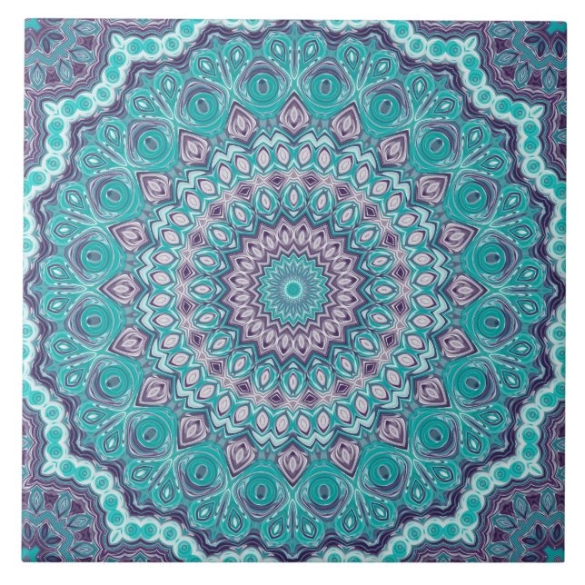 Carreau Mandala à l'aquarelle en turquoise et violet (Devant)