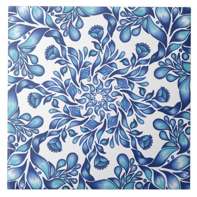 Carreau Mandala aux fleurs et aux feuilles en blues (Devant)