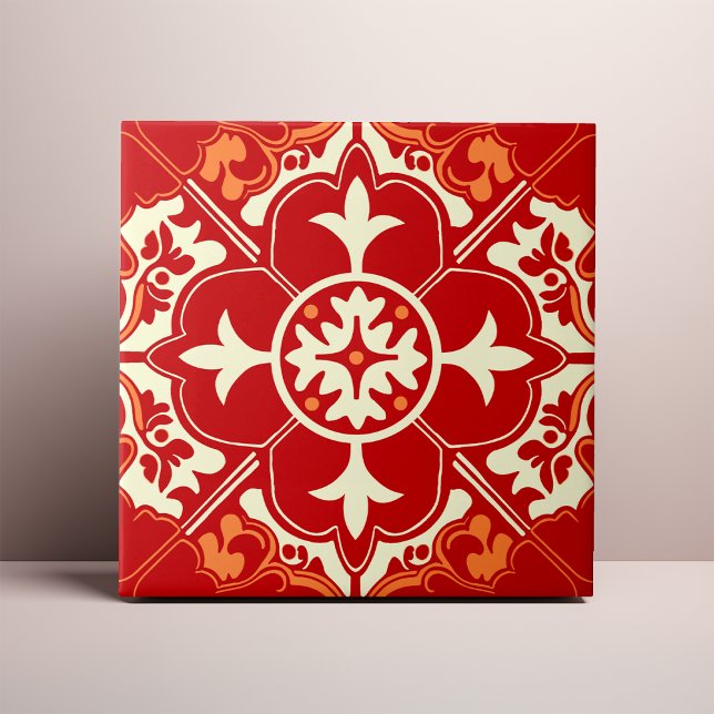 Carreau Mandala Azulejo Rouge Crème et Orange (Créateur téléchargé)