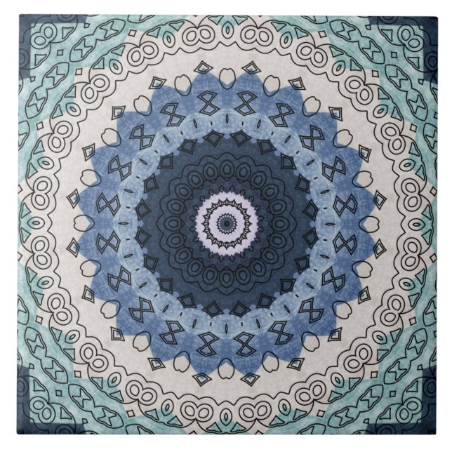 Carreau Mandala bleu et Turquoise avec symétrie géométriqu (Devant)