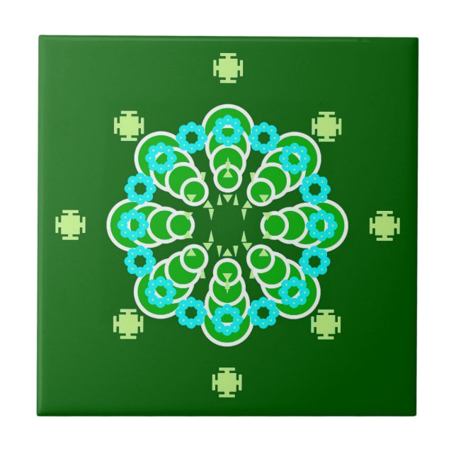 Carreau Mandala, Dark Jade Green et Aqua en huit points (Devant)