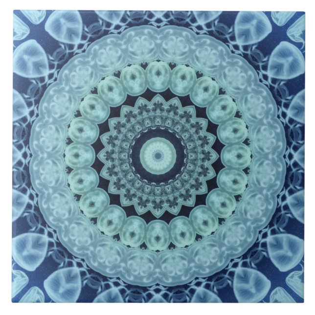 Carreau Mandala de méduse bleue Symétrie inspirée de l'océ (Devant)