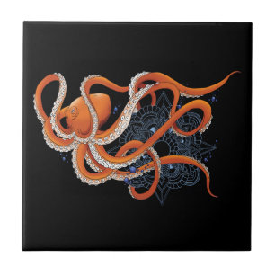Carreau Mandala de pieuvre orange audacieux et hypnotique