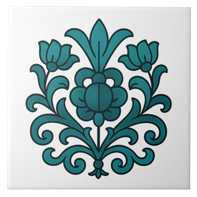 Carreau Mandala de verre teinté élégant sarcelle floral  (Devant)