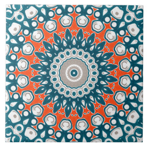 Carreau Mandala décoratif sarcelle et orange