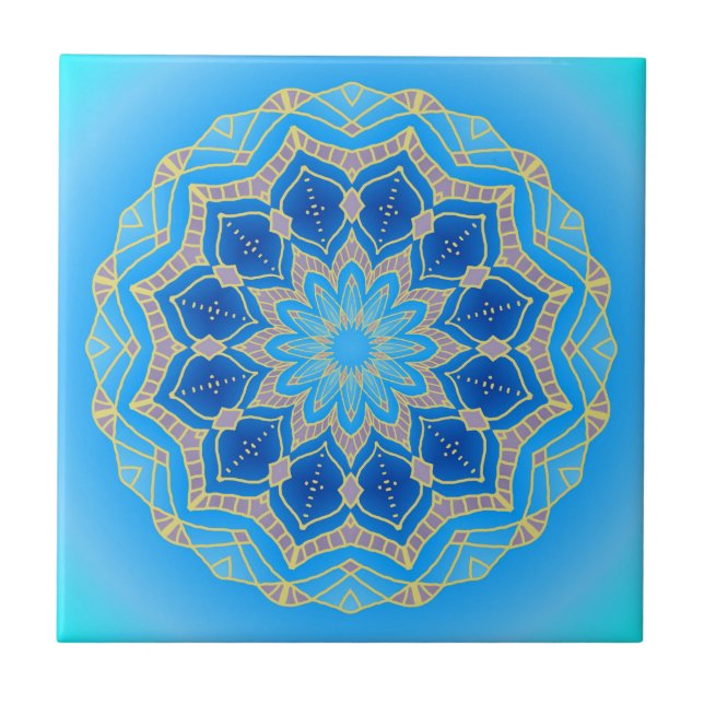 Carreau Mandala en bleu et turquoise électriques (Devant)